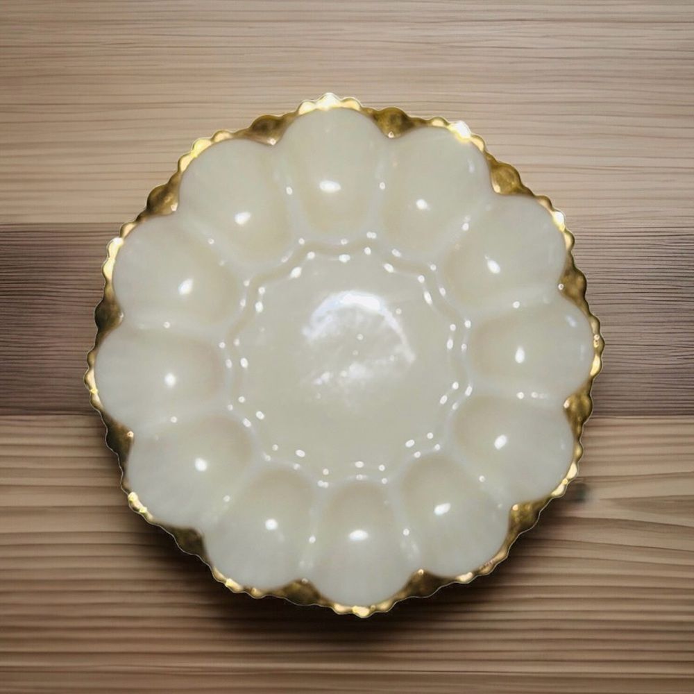 Milk Glass Devil Egg Serving Tray Gold Gild Vintage Anchor Hocking 10" Oyster